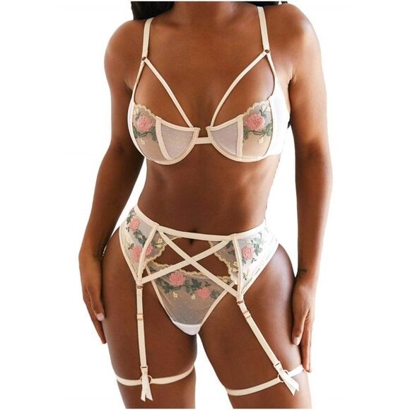 3 Piece Sexy Lingerie Garter Set, White